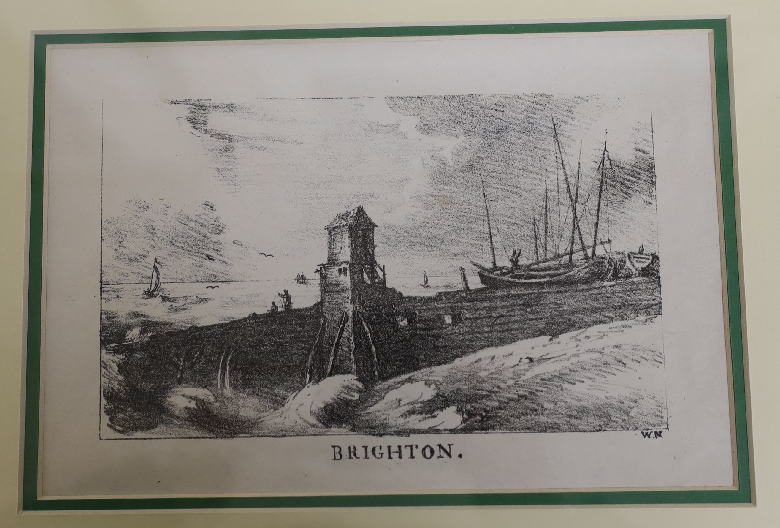 Nine 19th century engravings and prints of Brighton views, some hand coloured, including one after L Francis, The Pump House, publ. 1827 by W B Cooke, one after J Nixon, The Baths at Brighton, publ. 1803 and one after JM